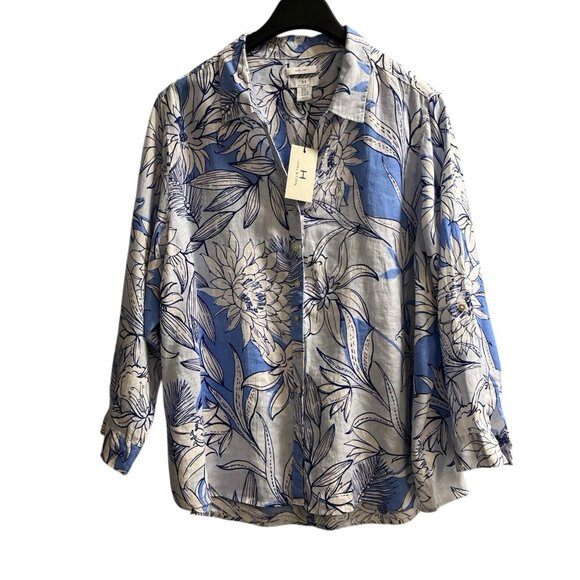 H Halston Top Women 3X Blue Floral Linen Button Down Shirt Beach Resort Vacation - Picture 1 of 8